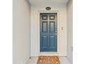 Stylish dark blue front door with a mushroom doormat at 4522 Bay Spring Ct, Tampa, FL 33611