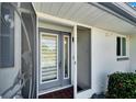 Modern gray front door with a screen door and sidelights at 1906 Wolf Laurel Dr, Sun City Center, FL 33573