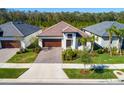 Three similar homes viewed from above, showcasing a community layout at 16819 Shell Bay Dr, Land O Lakes, FL 34638