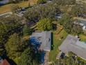 An aerial view of a charming home featuring a well-maintained lawn, mature trees, and a spacious driveway at 2640 Westchester N Dr, Clearwater, FL 33761