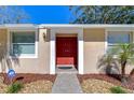 Front entrance with red door, stone path, and landscaping at 3223 Sandspur Dr, Tampa, FL 33618