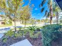 Landscaped yard with trees and walkway at 11409 Drifting Leaf Dr, Riverview, FL 33579