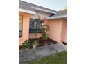 Side of house showing peach-colored walls, landscaping, and walkway at 5105 Garden Vale Ave, Tampa, FL 33624
