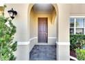 Front entry with an arched entryway and a brown door at 1192 Multiflora Loop, Lutz, FL 33558