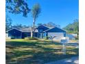 Blue house with a large tree in the front yard and a long driveway at 2415 Sutton Pl, Spring Hill, FL 34608