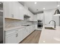 Modern kitchen with white cabinets, quartz countertops, and stainless steel appliances at 1532 Gopher Loop, Tarpon Springs, FL 34689