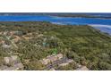 Gorgeous aerial view of townhomes near water, surrounded by trees and lush greenery creating a private oasis at 381 Estero Ct, Safety Harbor, FL 34695