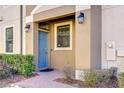 Light blue front door with sidelights and brick walkway at 1996 Lake Waters Pl, Lutz, FL 33558