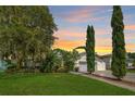 House exterior view with lush landscaping, driveway, and a sunset in the background at 15722 Gardenside Ln, Tampa, FL 33624