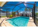 Enclosed pool with a basketball hoop and string lights at 11301 Hudson Hills Ln, Riverview, FL 33579