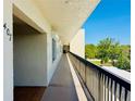 A long hallway with a black railing and view of trees outside at 8198 Terrace Garden N Dr # 407, St Petersburg, FL 33709