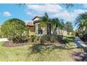 Tan house with lush landscaping, showcasing a side view and walkway at 225 Mystic Falls Dr, Apollo Beach, FL 33572