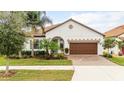 Single-story home with a well-manicured lawn and palm trees at 16831 Banner Shell Pl, Wimauma, FL 33598
