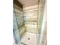 Modern shower with glass door and sleek tile, offering a spa-like experience in the bathroom at 7423 Pulteney Dr, Zephyrhills, FL 33545
