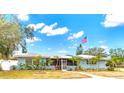 Ranch-style home with palm trees and American flag at 1816 Woodridge Dr, Clearwater, FL 33756