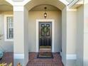 Arched entryway with a black front door, brick flooring, and a welcome mat at 11407 Village Brook Dr, Riverview, FL 33579