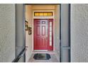 Red front door entry with screen doors at 204 Mystic Falls Dr, Apollo Beach, FL 33572