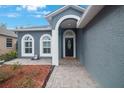 House entrance with gray stucco, arched entryway, and black door at 10212 Grant Creek Dr, Tampa, FL 33647