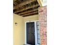 Exterior close up of the unit 104 entrance with a black door and brick and siding facade at 8702 Mallard Reserve Dr # 104, Tampa, FL 33614