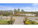 Inviting front yard with manicured landscaping and view of a tranquil pond in a residential community at 28475 Marsciano Ln, Wesley Chapel, FL 33543