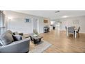 Inviting living room featuring wood floors, a comfortable gray sofa, and modern decor with plenty of natural light at 4519 S Hesperides St, Tampa, FL 33611