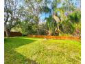 Large backyard featuring lush green grass, a wood fence, and mature trees at 10232 Grant Creek Dr, Tampa, FL 33647