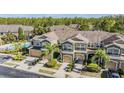 An aerial view showing the townhome's exterior, with a community pool and lots of greenery surrounding it at 12537 Silverdale St, Tampa, FL 33626