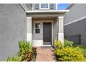 Charming entryway featuring a brick walkway, brown door, and meticulously landscaped front yard at 11616 Little River Way, Parrish, FL 34219