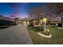 Inviting one-story home featuring a paved driveway, manicured lawn and mature landscaping with a decorative tree at 1228 Caloosa Creek Ct, Sun City Center, FL 33573