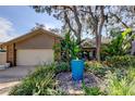 Charming single-story home with mature landscaping, a blue fountain, and a two-car garage at 3089 Enisglen Dr, Palm Harbor, FL 34683