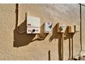 Exterior electrical panel, meter, and solar panel electrical equipment with a stucco wall in the background at 12239 Fawn Brindle St, Riverview, FL 33578