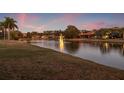 Beautiful pond view with a fountain, creating a serene and picturesque landscape at 3830 Moreno Dr, Palm Harbor, FL 34685