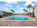 Gorgeous outdoor pool surrounded by palm trees, lounge chairs and a tranquil lake view at 14766 Feather Cove Ln, Clearwater, FL 33762
