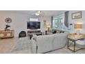 Bright living room with comfortable gray seating, decorative rug, and entertainment center at 7325 S Trask St, Tampa, FL 33616