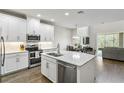 Modern kitchen boasts stainless steel appliances, a center island, and an open view to the dining and living areas at 12326 Terracina Chase Ct, Tampa, FL 33625