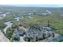 An aerial view of townhomes shows the community's proximity to a marshy area and a highway at 9705 Bay Grove Ln, Tampa, FL 33615