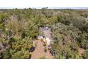 A high aerial view showcases the house with a screened pool surrounded by a canopy of trees at 9641 Fulton Ave, Hudson, FL 34667