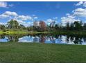 Picturesque view of the lush backyard landscaping and serene lake at 20115 Nob Oak Ave, Tampa, FL 33647