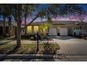 Attractive home exterior featuring a two-car garage, lush lawn, and palm trees against a twilight sky at 6906 Muncaster Ct, Tampa, FL 33625