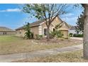 A view of a one story home with a two car garage, manicured lawn, and landscaped garden at 10328 Celtic Ash Dr, Ruskin, FL 33573