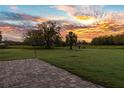 Vast backyard view from the stone patio with vibrant sunset colors enhancing this peaceful outdoor space at 10946 Gun Dog Way, Lithia, FL 33547