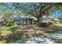Inviting single-story brick home with well-manicured lawn, a mature tree, and an attached two-car garage at 3013 Ridgevale Cir, Valrico, FL 33596