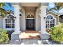 Inviting front entrance with stately columns and an arched double door and well-landscaped greenery at 18507 Country Crest Pl, Tampa, FL 33647