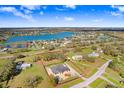Aerial view of a new home construction in a lakeside community and defined property lines at 31049 Eloian Dr, Wesley Chapel, FL 33545