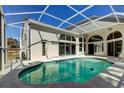 Enclosed pool area with blue water, a white patio area and archway windows surrounding the pool at 10614 Chambers Dr, Tampa, FL 33626
