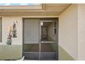 A screened front entryway showcasing decorative accents, tiled flooring, and ambient lighting at 335 Stroll Ln, Sun City Center, FL 33573