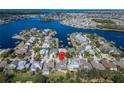 Aerial view of a waterfront community showing the home's location on the water at 410 Manns Harbor Dr, Apollo Beach, FL 33572