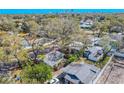 Aerial view of two homes with a spacious lot and mature trees, with a city skyline visible in the distance at 1800 27Th N Ave, St Petersburg, FL 33713