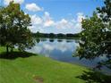 Scenic view of the lake reflecting the blue sky and clouds, framed by lush green trees and grass at 18106 Peregrines Perch Pl # 5208, Lutz, FL 33558