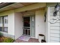 Close-up of the inviting front entrance with a decorative screen door and mermaid decor at 1508 Cascade Ct, Dunedin, FL 34698